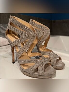 Jimmy Choo Taupe Suede Studded Strappy High Heels